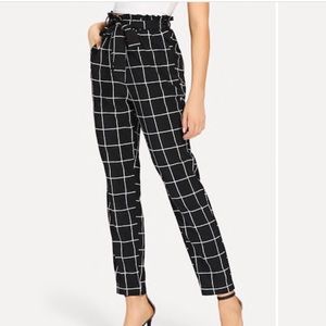 Self-Belted Slant Pocket Grid Pants